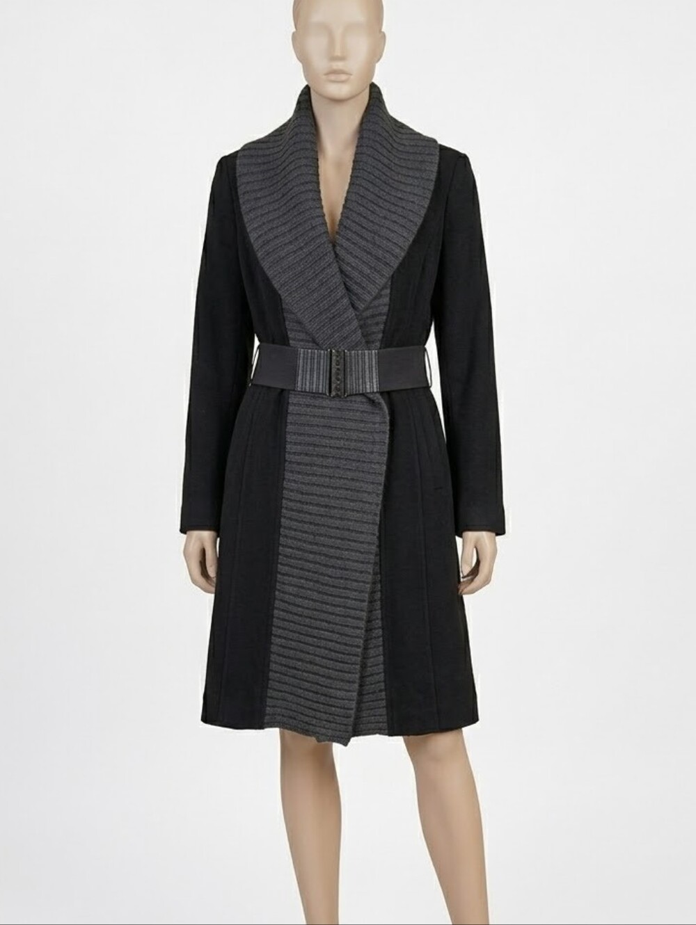 Calvin Klein Wool Blend Coat Size 10 Black Knit Cowl Collar Belted Trench Jacket